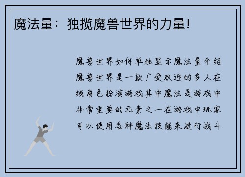 魔法量：独揽魔兽世界的力量!