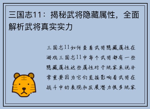 三国志11：揭秘武将隐藏属性，全面解析武将真实实力