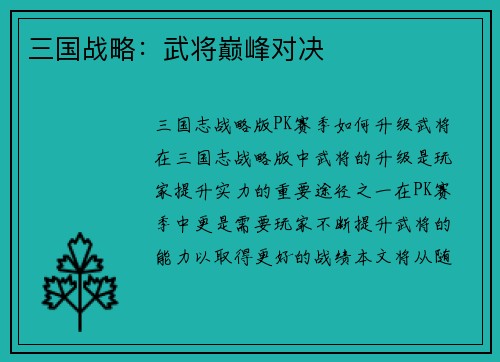 三国战略：武将巅峰对决